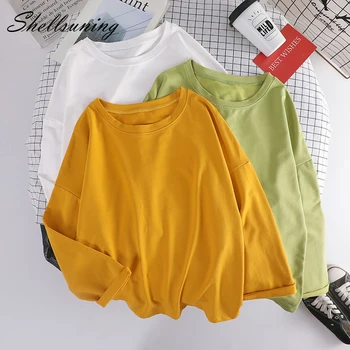 

Shellsuning Women Tee Spring Solid O Neck Long Sleeve Basic New 10 Colors Bottoming T Shirt All-match Female Oversized Chic Top