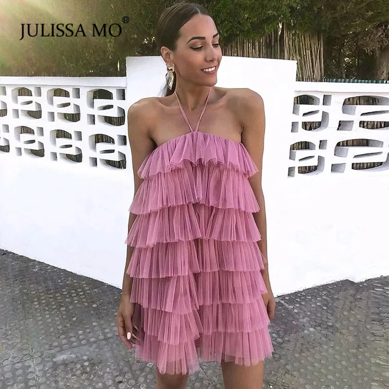 

JULISSA MO Pink Layer Ruffles Mesh Summer Dress Women Sexy Halter Off Shoulder Mini Dress Elegant Backless Beach Party Dresses