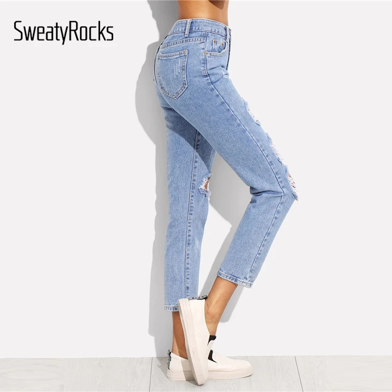 SweatyRocks однотонные потертые джинсы женские повседневные Прямые джинсовые брюки осенние уличные синие джинсы с низкой талией