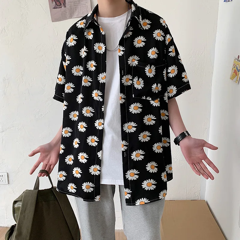 Летние мужские рубашки Harajuku с цветочным принтом корейские коротким рукавом