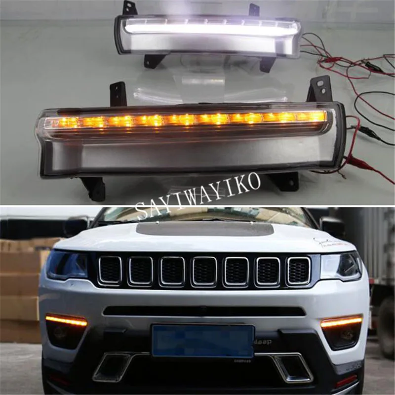 Дневные Бег светильник для Jeep Compass динамический желтый указатель поворота светильник стиль реле 12V светодиодный автомобиль DRL Противотуманные лампы