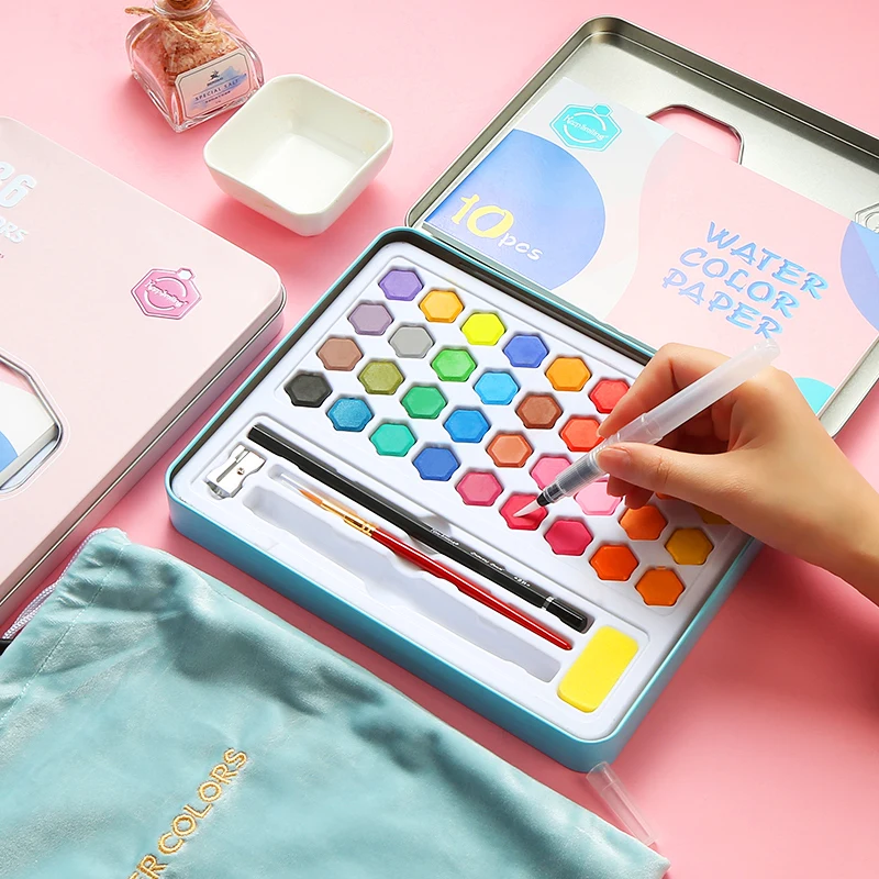 Professional 36 Colors Solid Watercolor Paints Set With Paintbrush Water Color Pigment Set Iron Box Acuarelas Verf Art Supplies
