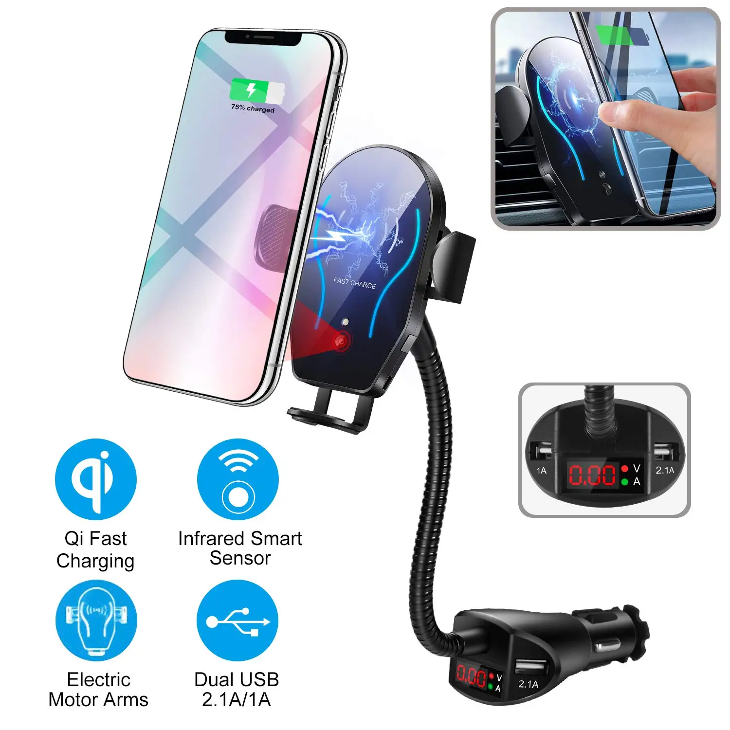 

Car cigarette lighter wireless charger, automatic infrared smart sensor 10W full speed fast wireless charging