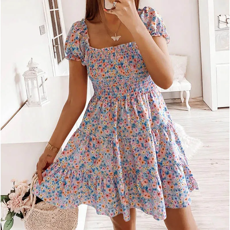 

WYBLZ Summer Sexy Leakage Shoulder Wrapped Chest Dress Refreshing Small Broken Flower Puff Sleeve Short Dress for Women 2021