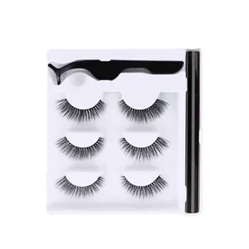 

3pairs 3in1 Salon Self Adhesive Eye Makeup Waterproof Curling Portable False Eyelashes Set With Eyeliner Thickened Fast Drying
