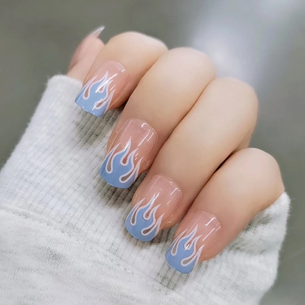 

24pcs/set European Square Flame Fake Nails Design Blue Pink Fire Pattern Full Cover False Nails Artificial Nail Decal Art Tips