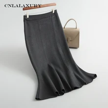 Винтажная трикотажная Женская юбка русалки, Осень-зима, новая сексуальная облегающая черная юбка с оборками, женские юбки с высокой талией, Saia