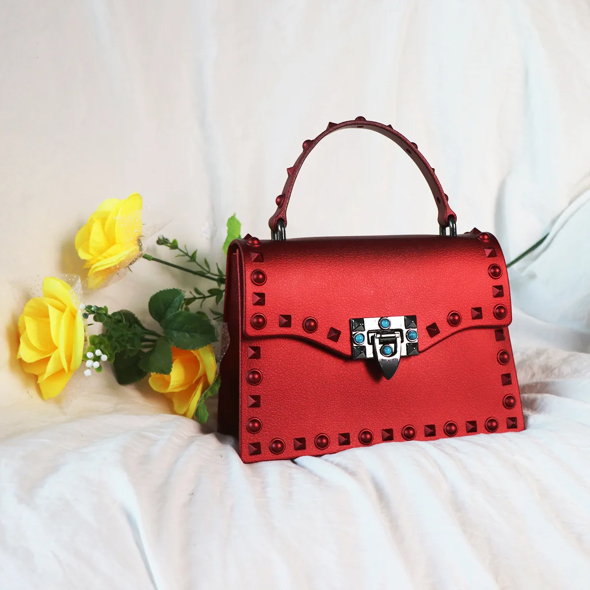 

Bag 2018 Spring And Summer New Style WOMEN'S Bag Dull Polish Gel Bag Rivet Hand Shoulder Square Sling Bag