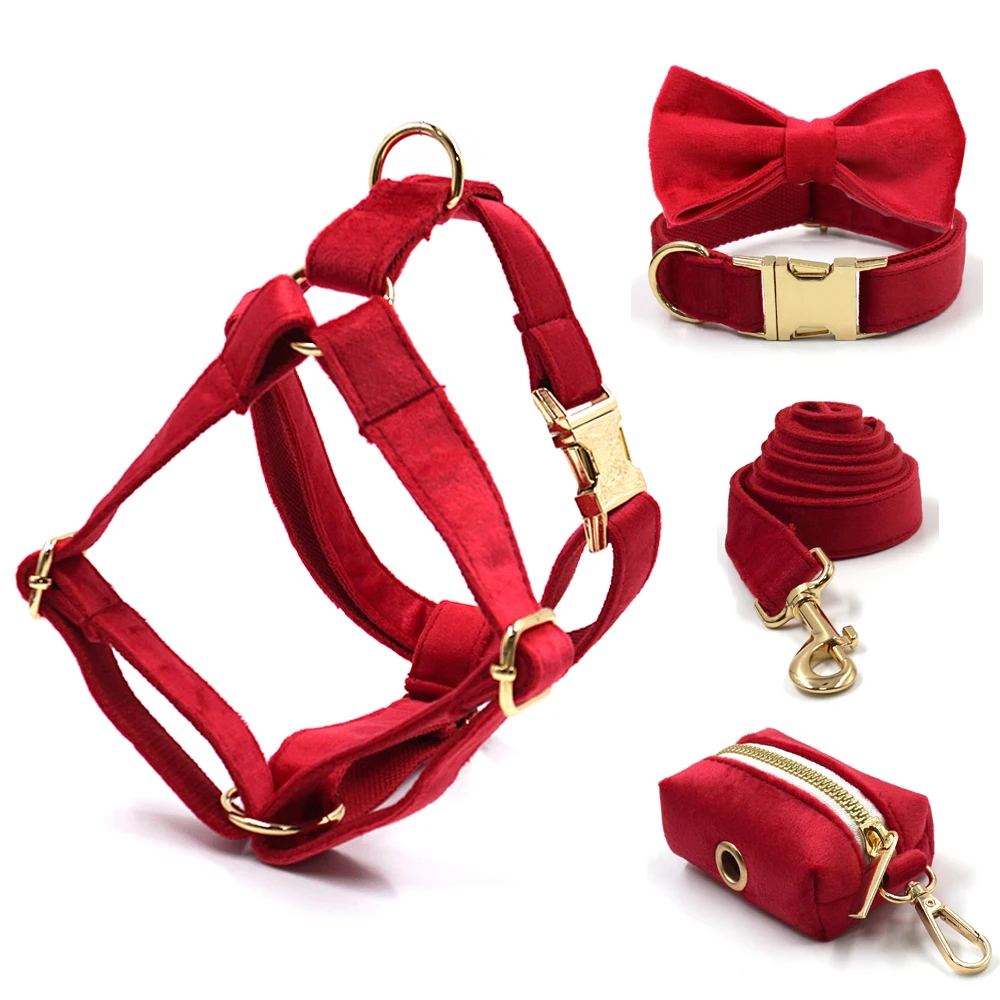

Red Velvet Dog Harness Personalized 5pcs/Set Pet Harness Bowtie Collar Leash Poop Bag Functional Dog Traction Set Custom Collar