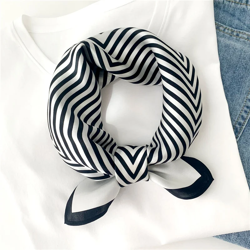 

100% Silk Scarf for Women Small Striped Neck Band Tie White Black Hair Scarves Natural Lady Foulard Bandana Kerchief 2022