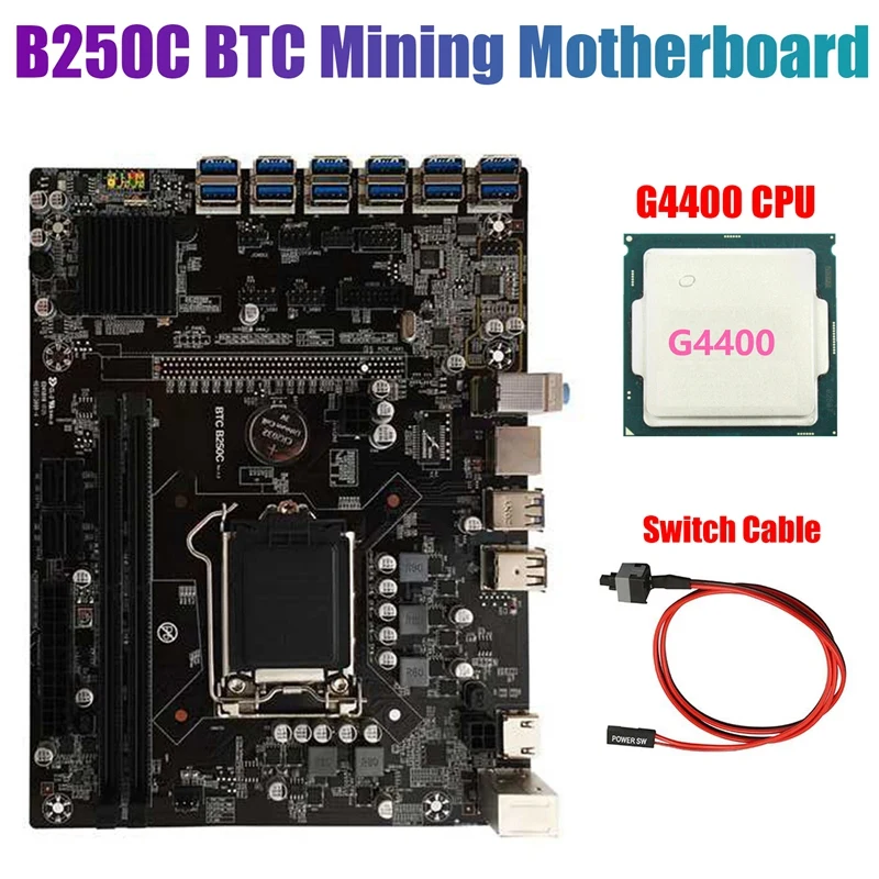 B250C BTC Mining Motherboard with G4400 CPU+Switch Cable LGA1151 12XPCIE to USB3.0 Graphics Card Slot Supports DDR4 RAM | Компьютеры и