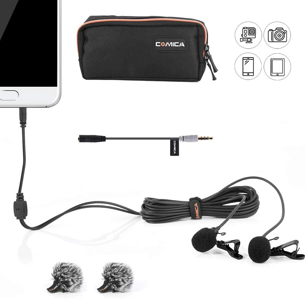 Comica CVM-D02 Dual-head Lavalier Microphone Clip-on mini Omnidirectional Condenser mic interview microphone for Iphone Camera