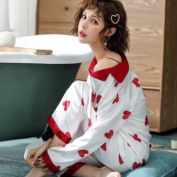 

Pajamas Ladies Long-sleeved Trousers Autumn Thin Korean Version of The Simulation Silk Can Wear A Two-piece Set of Home Clothes