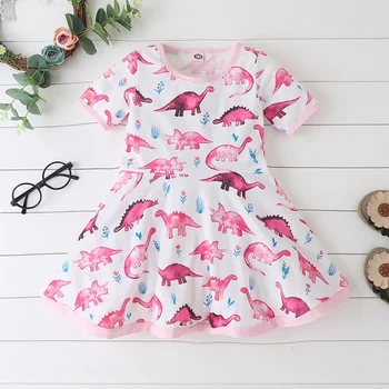 

2020 New Summer Baby Girl Dress Cartoon Animal Print A-line Casual Girls Dress Short Sleeve Holiday Cotton Toddler Girl Sundress