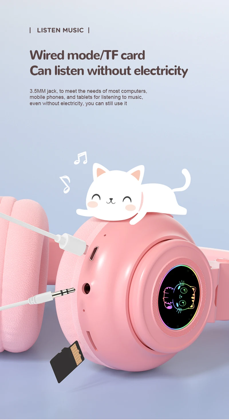 Cute RGB Kitten wireless Headsets Bluetooth 5.0 Bass Noise Cancellation Adult Child Girl Headset Support TF Card Helmet with Mic