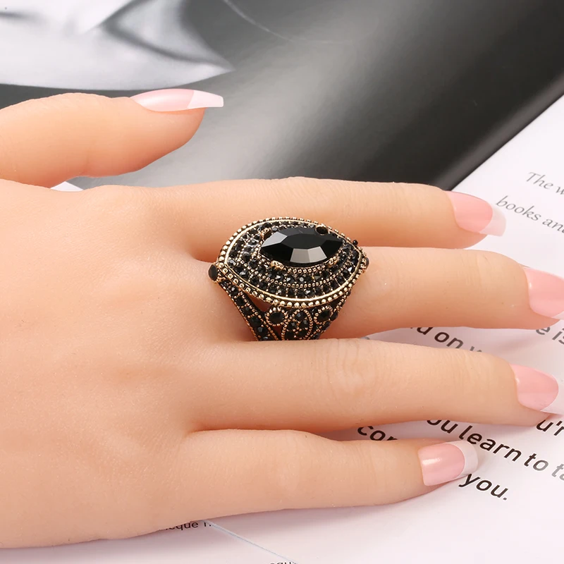 Womens Ring Kinel Luxury Antique Vintage Look AAA Crystal Boho Gold Color Charm Ethnic Wedding