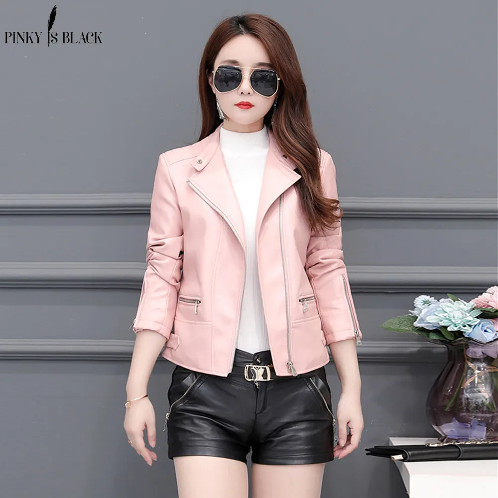 

PinkyIsBlack New Women Spring Autumn Winter Black Faux Leather Jackets Women Zipper Basic Coat Stand Collar Motor Biker Jacket