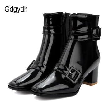 

Gdgydh Promotion Fashion Buckle Womens High Heel Ankle Boots Patent Leather Sqaure Toe Spring Shoes Women With Zipper Big Size