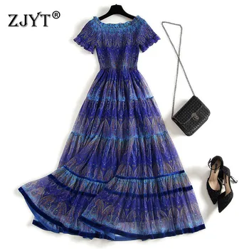 

Elegant Lady Summer Bohemian Dress Women Clothes 2020 New Short Sleeve Slash Neck Print Midi Beach Mesh Chiffon Dresses
