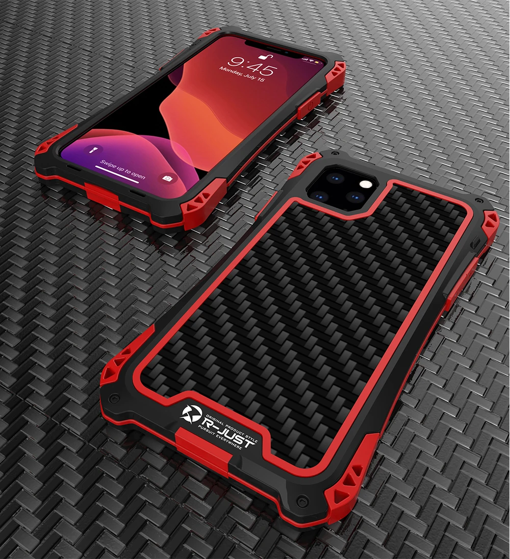Для iPhone 11 PRO Max XR XS Max R-JUST AMIRA ударопрочный металлический/алюминиевый защитный чехол из углеродного волокна+ закаленное стекло
