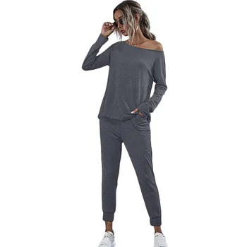 

Fashion Autumn 2020 Two Piece Set Women Casual Solid Top Sexy O Neck Bare Shoulders Long Sleeve Harem Pants Tracksuits Women