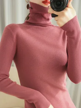 

Spring and autumn new style solid color slim high neck long sleeve knitted sweater women