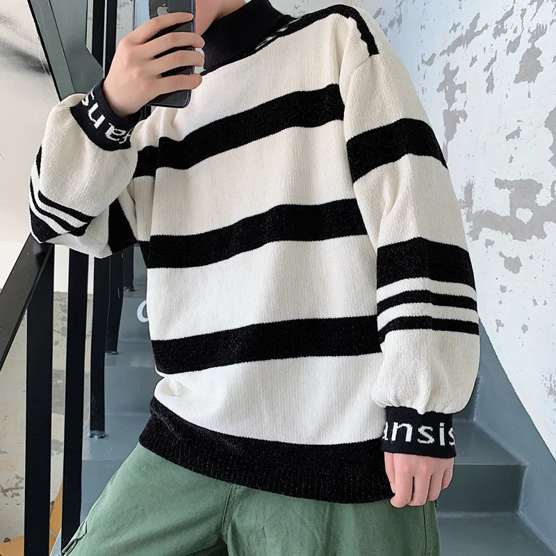 Winter New High Collar Sweater Men Fashion Contrast Color Striped Casual Knit Sweater Man Streetwear Wild Loose Warm Sweater Winter New High Collar Sweater Men Fashion Contrast Color Striped Casual Knit Sweater Man Streetwear Wild Loose Warm Sweater