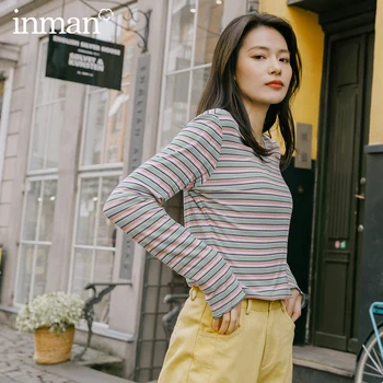 

INMAN 2020 Spring New Arrival Literary Round Collar Stripe Regular Foundation Loose Long sleeve T-shirt