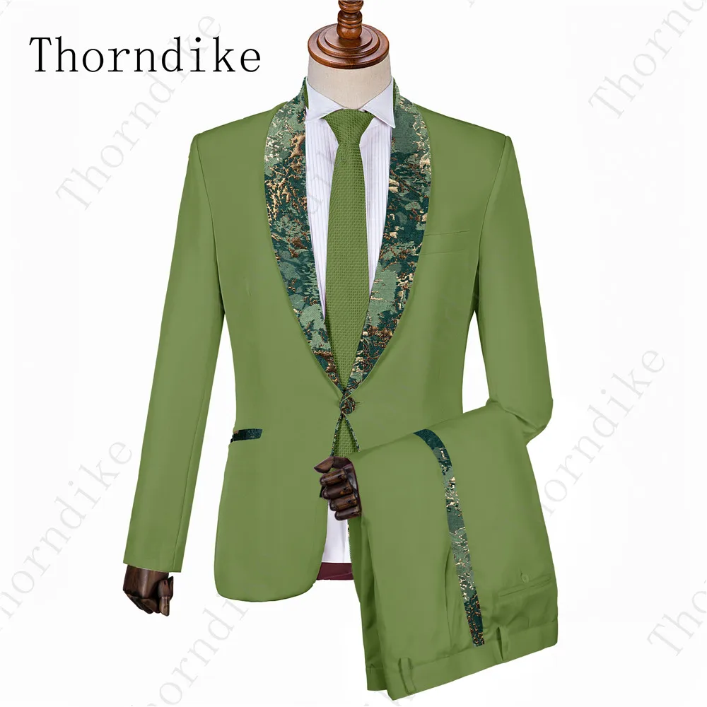 Thorndike, армейский зеленый мужской костюм с камуфляжной шалью, мужской костюм с отворотом, комплект из 2 предметов(куртка+ брюки+ галстук в подарок), одежда для жениха