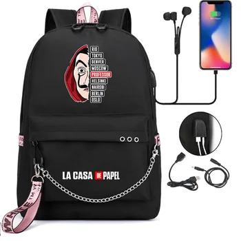 

New La casa de papel School Backpacks Capacity USB Charge Backpack Waterproof Bagpack School Bags Teenage Travel Mochila