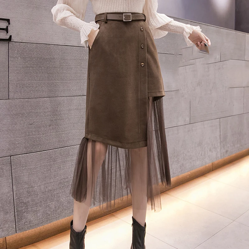 

2020 Autumn Winter Lace Patchwork Woolen Skirt Women Irregular Belt Button A-Line Skirts High Waist OL Style Midi Skirt Female