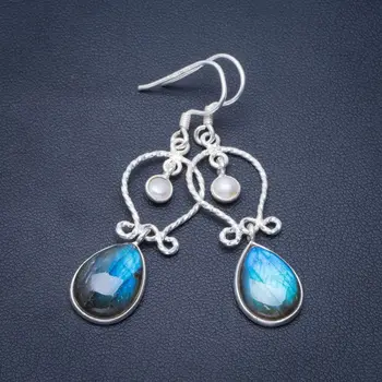 

Natural Blue Fire Labradorite and River Pearl Handmade Unique 925 Sterling Silver Earrings 2" B2259