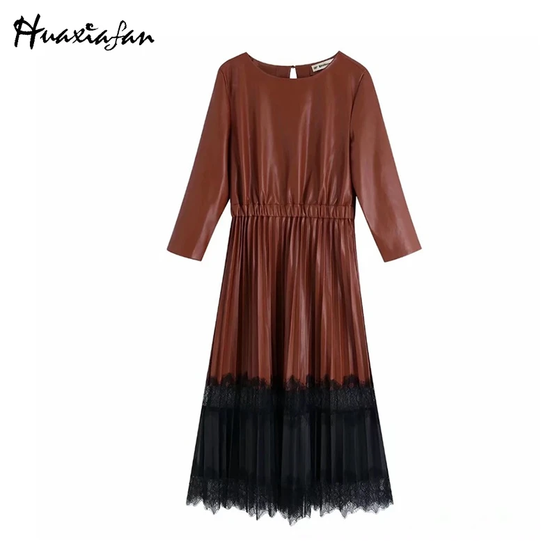 Huaxiafan Women Dress Vintage Stylish Faux Leather Lace Patchwork Fashion Three Quarter Sleeve Elastic Waist Pleated PU Dresses | Женская