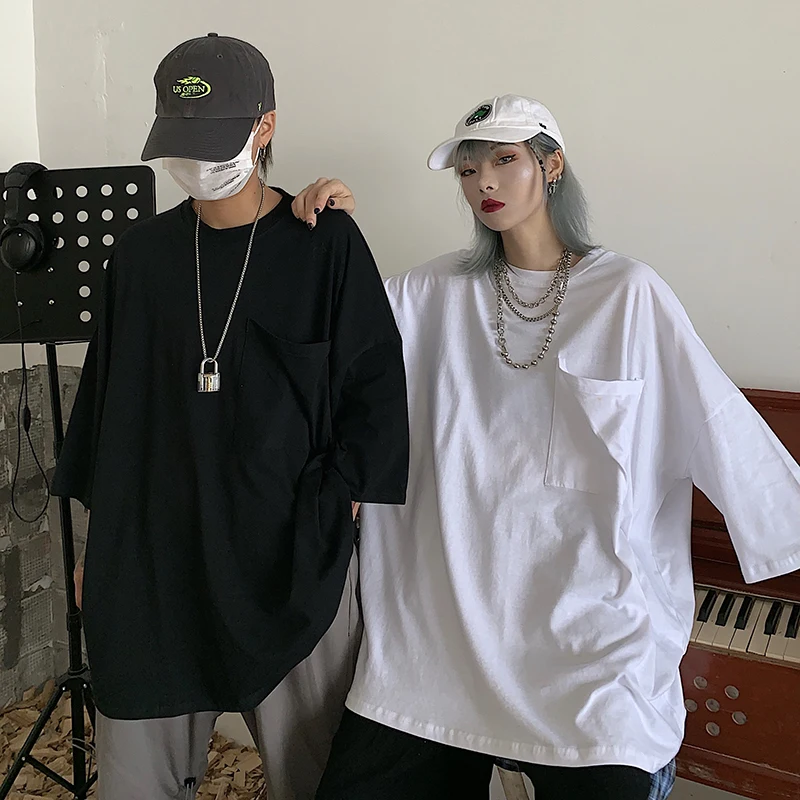 

Solid Vintage O Pockets neck Oversized Autumn men T shirt long Sleeve plus size tee Korean style minimalist solid clothes 2019