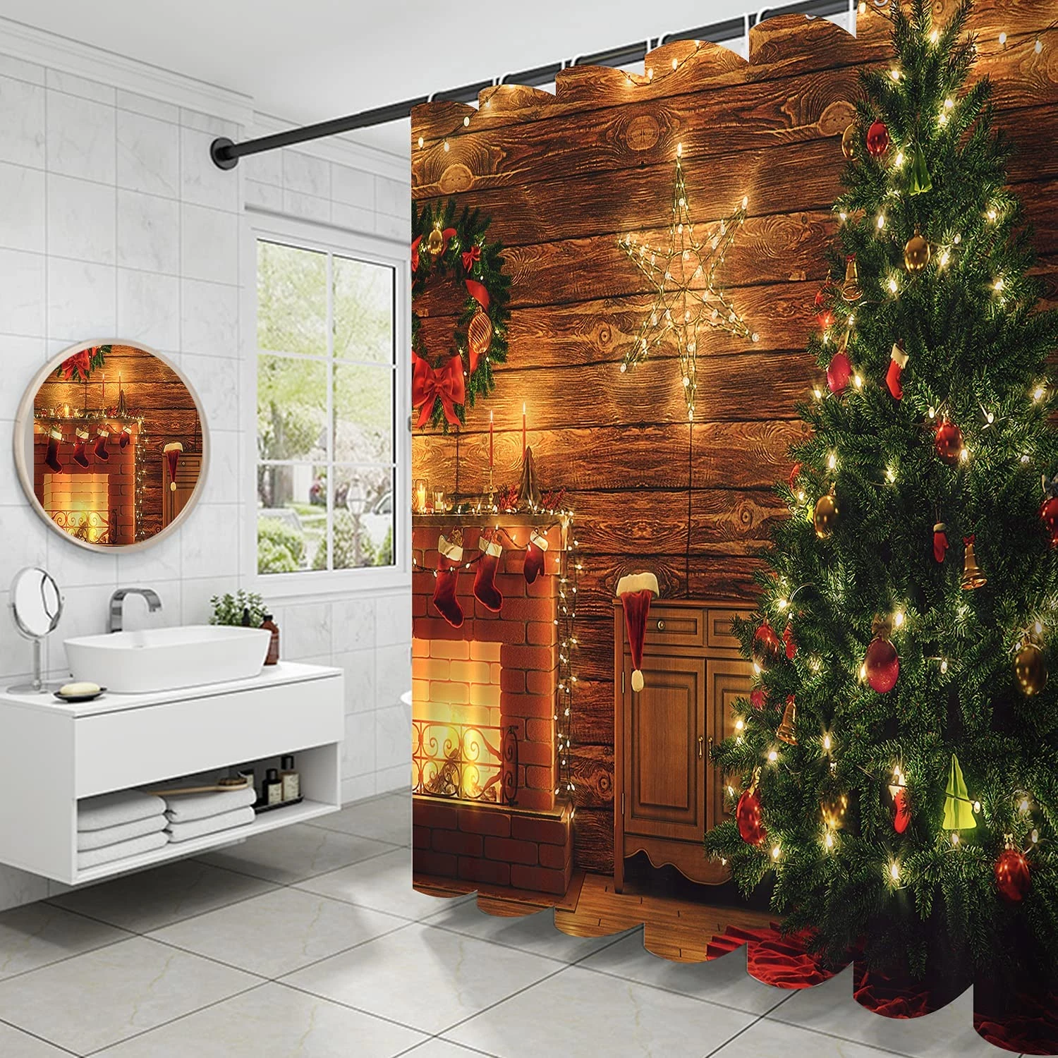 Cortinas de ducha navideñas baño, juego de ganchos para cortina de baño, feliz Nochebuena, regalos de chimenea, rojo, Año Nuevo, árbol de vacaciones|Cortinas de ducha| - AliExpress