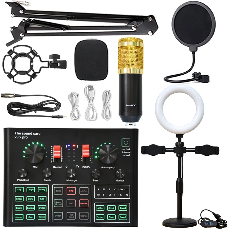 BM 800 Condenser Microphone Sound Card V9XPRO with Ring Fill Light Cantilever Bracket Bluetooth Wireless Live Streaming Kit MIC 