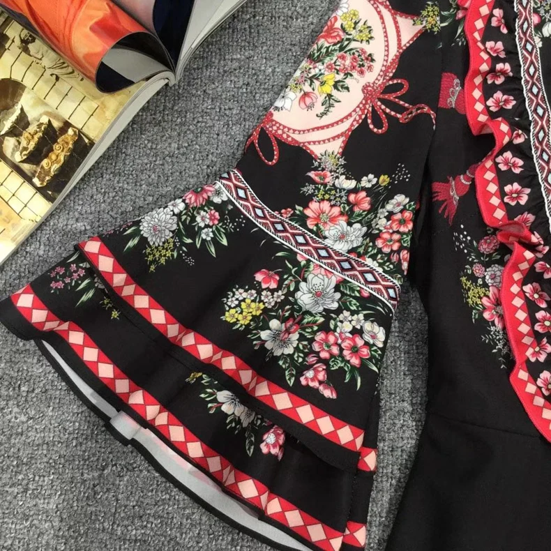 Qian Han Zi Новое дизайнерское модное Макси платье для подиума женское платье с расклешенными рукавами с цветочным принтом винтажное гофрированное Инди народное длинное платье
