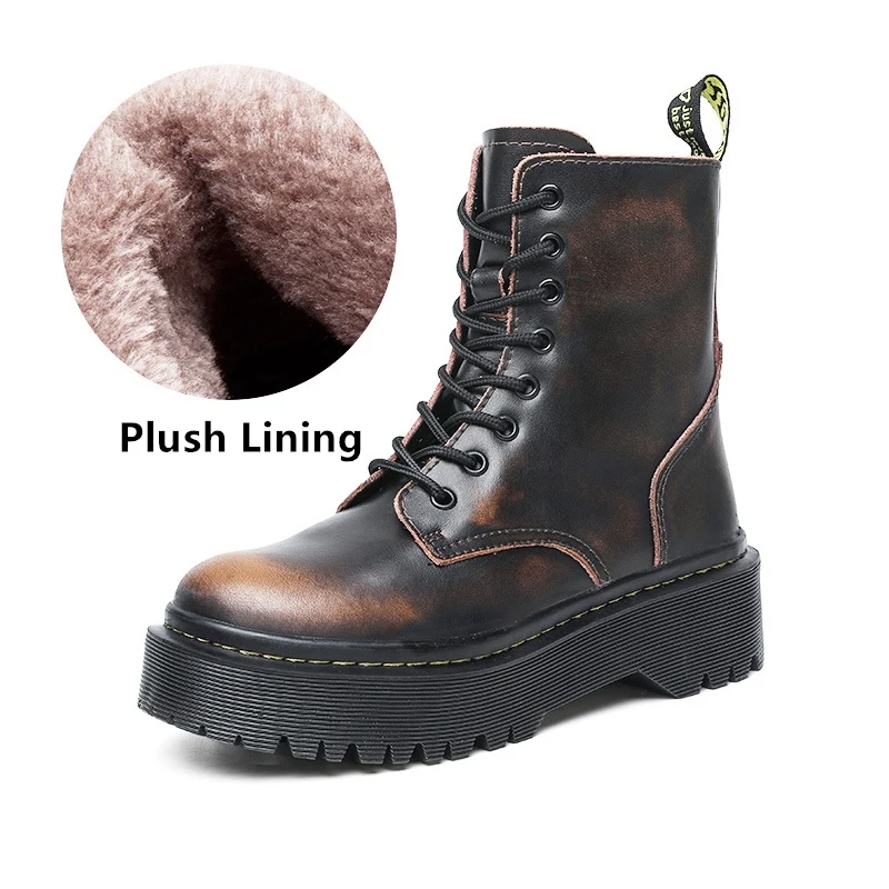 DONGNANFENG/женские ботинки из натуральной кожи; обувь для верховой езды на платформе, на молнии, со шнуровкой; Botas Mujer; JSL-018 - Цвет: brown plush
