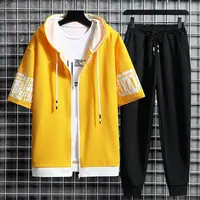 Men's Sets Hooded Zipper Short Sleeve Tops+ Elastic Waist Trousers Men Clothing Two Piece Set Korean Streetwear Tracksuit Men 2