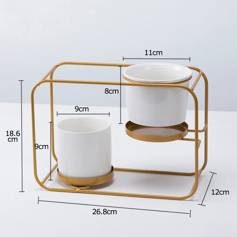 Белые керамические цветочные горшки с металлической стойкой двухслойные плантаторы декоративные настольные настенные подвесные цветочные горшки украшения дома - Цвет: Golden