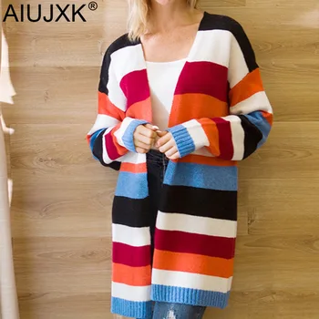 

AIUJXK Rainbow Striped Knitted Cardigan Women 2019 Autumn Winter Knitwear Sweaters Coat Female Casual Jumper Cardigans