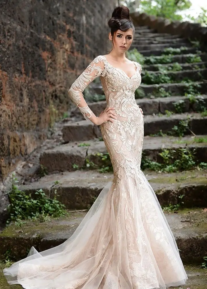 

2018 Deep V Neckline Long Sleeve Lace Formal Evening Gowns Champagne Mermaid Prom bridal gown mother of the bride dresses