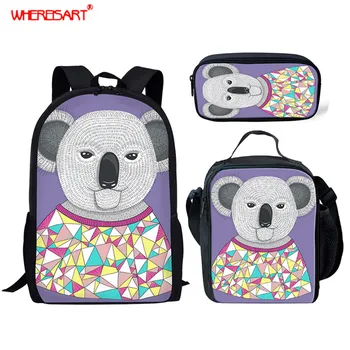 

WHEREISART 3Pcs/Sets Animal Printing Primary School Bag Blue Wolf/Koala Bookbag Cute Pattern School Backpack for Teen Kid Girl
