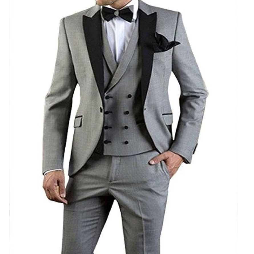 115Groom Tuxedos One Button Light Grey Peak Lapel Groomsmen Best Man Suit Wedding Mens Suits (Jacket+Pants+Vest