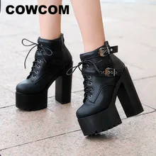 COWCOM/ г. Модные зимние ботинки на очень толстой подошве пикантные женские ботинки на высоком каблуке теплые толстые ботинки для ночных клубов ZYW-659-1