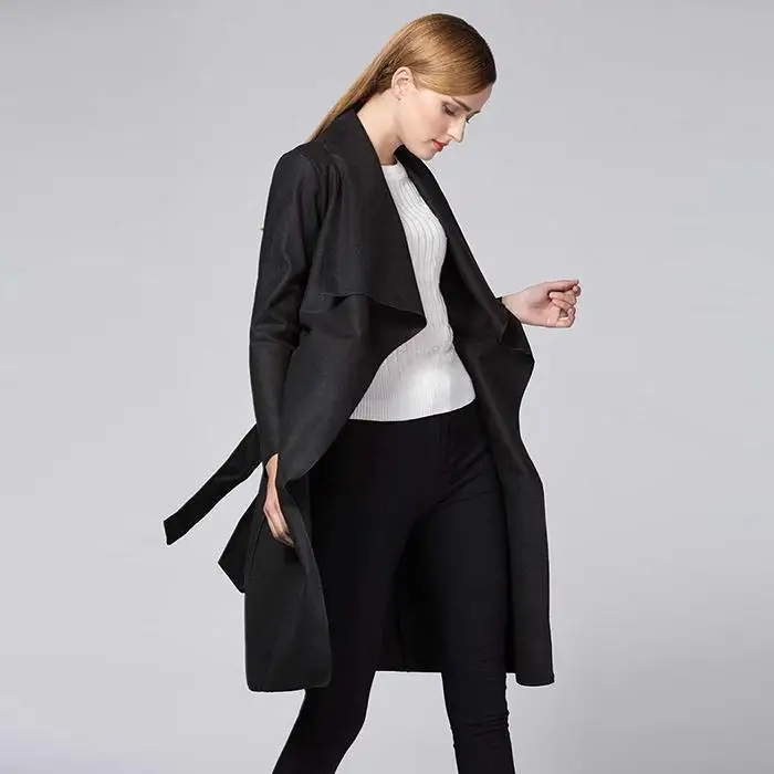 New Fashion Women Casual Turn-down Collar Solid Windbreaker with Belt Asymmetrical Hem Design, Front Open