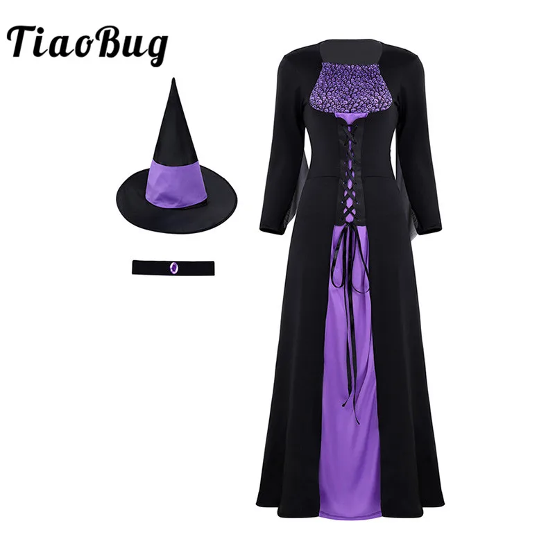 

TiaoBug Adult Cosplay Halloween Costume Women Ghost Skeleton Printed Long Evil Wicked Witch Dress with Pointed Hat Necklace Set
