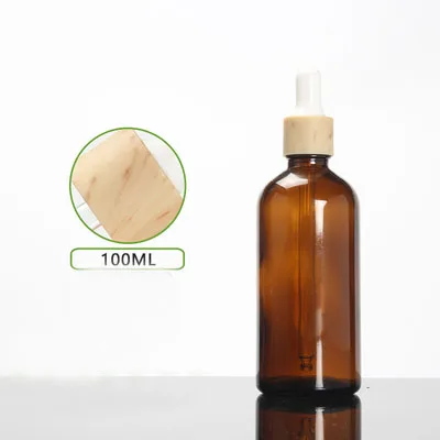 

100ml brown glass bottle wooden shape dropper lid white bulb for eye serum/essence/essential oil/liquid dropper bottle