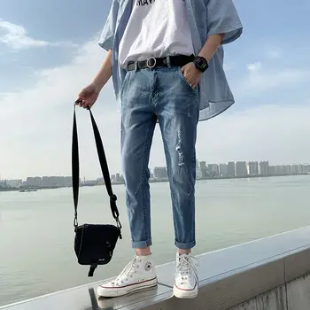 

2020 Spring And Summer New Youth Popular Men's Solid Color Hole Thin Jeans Fashion Casual Slim Large Size Nine Points Pants27-36