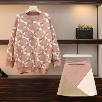 

Two Piece Set Autumn Winter Women Suit Jacquard Sweater Tops + Color block Mini Wool Skirt Sets M-4XL Outfits Matching Set A092